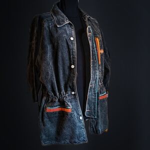 Stylish One Of A Kind Vintage 80s Italian Black Denim Jacket with Color Accents